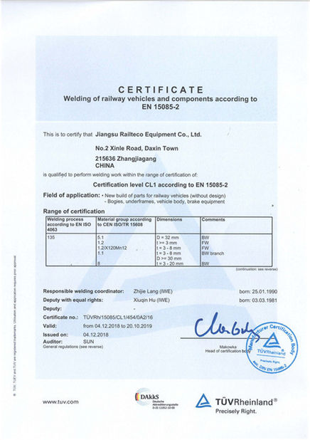 China Jiangsu Railteco Equipment Co., Ltd. Zertifizierungen